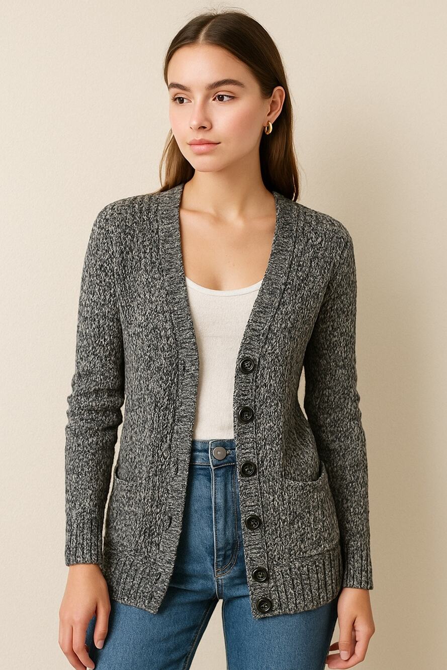 American Eagle Knit Button Front Cardigan Marled Gray Long Sleeve Pockets